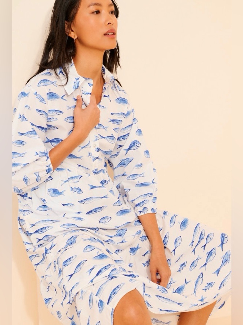 Anthropologie Maeve The Bettina Tiered Shirt Dress Fish print Size L - Picture 5 of 14
